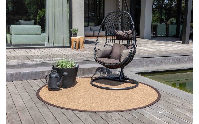 Sisal Outdoor 18 - Rond sisal vloerkleed voor buiten in donkerbruin met bruine band