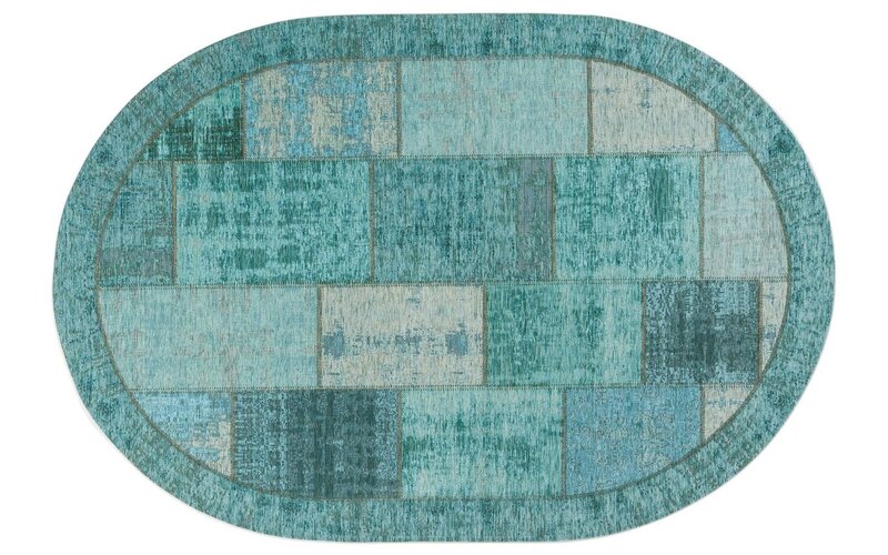 Enzo 33 - Ovaal Vintage patchwork vloerkleed met Turquoise garen