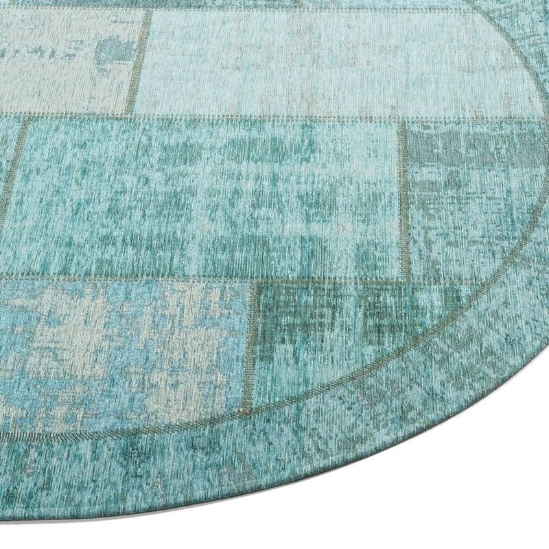 Enzo 33 - Ovaal Vintage patchwork vloerkleed met Turquoise garen