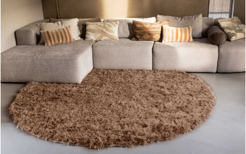 Dime 15- Rond Hoogpolig velours vloerkleed in Karamel