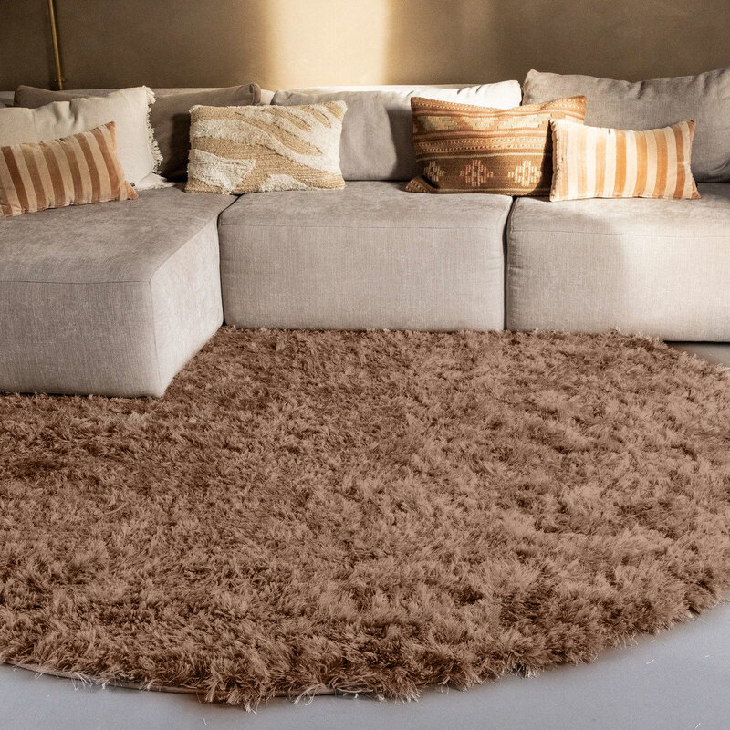 Dime 15- Rond Hoogpolig velours vloerkleed in Karamel