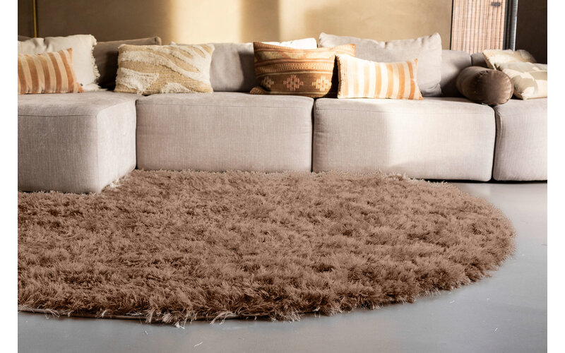 Dime 15- Rond Hoogpolig velours vloerkleed in Karamel