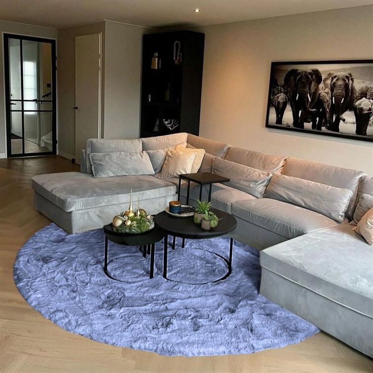 hoogpolig blauw kleed onder bank