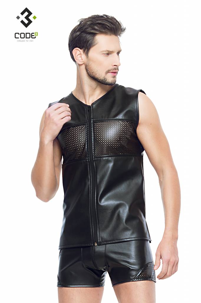 * Code8 by XXX COLLECTION Eco-leder mouwloos shirt met zwarte bies (XS-S-M-2XL) * Code8 by XXX COLLECTION Eco-leder mouwloos shirt met zwarte bies (XS-S-M-2XL)