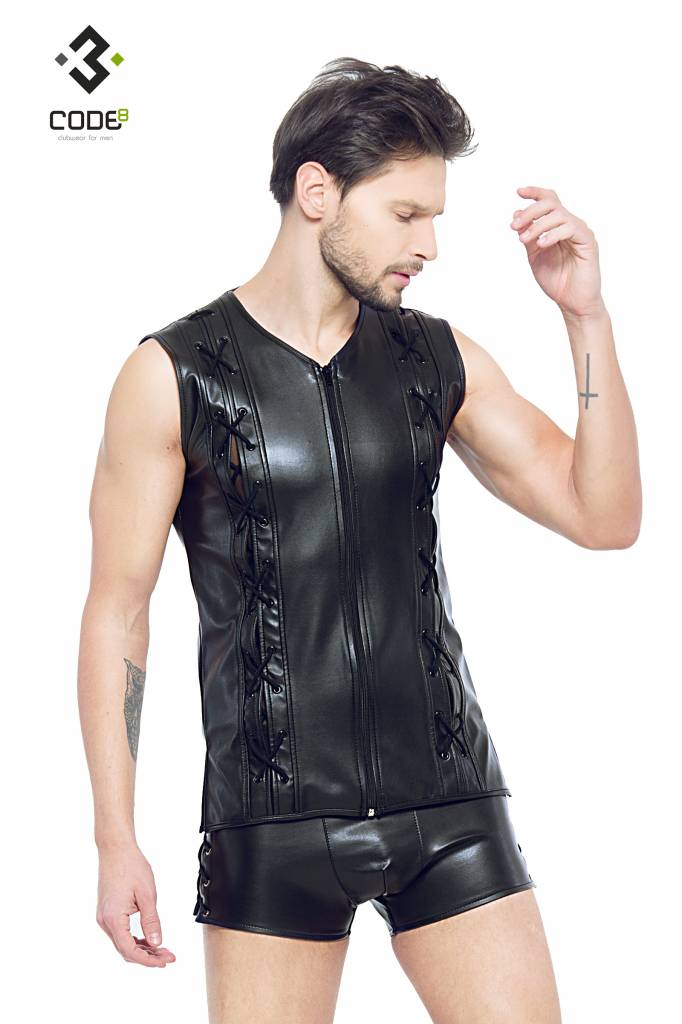 * Code8 by XXX COLLECTION Eco-leder mouwloos shirt met sierveters (XS t/m 4XL) * Code8 by XXX COLLECTION Eco-leder mouwloos shirt met sierveters (XS t/m 4XL)