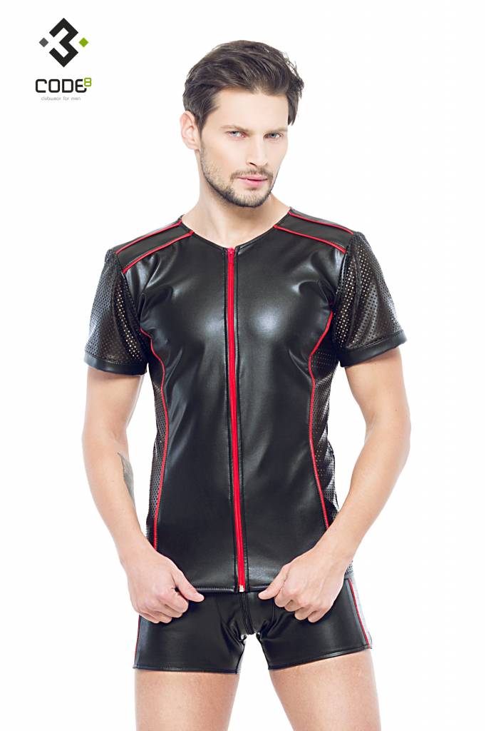 * Code8 by XXX COLLECTION Eco-leder shirt met Mesh mouwen rood (XS-XL-2XL)