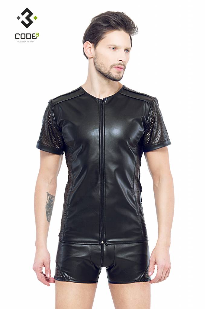 * Code8 by XXX COLLECTION Eco-leder shirt met Mesh mouwen (XS-S-M-XL-3XL * Code8 by XXX COLLECTION Eco-leder shirt met Mesh mouwen (XS-S-M-XL-3XL