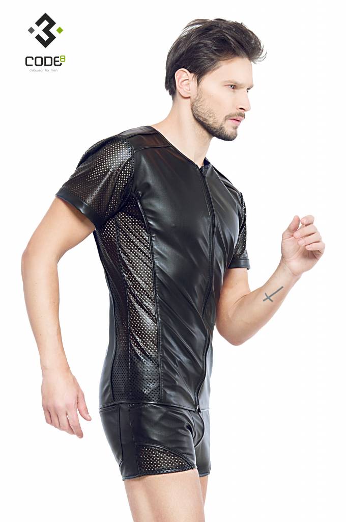 * Code8 by XXX COLLECTION Eco-leder shirt met Mesh mouwen zwarte biezen en rits.