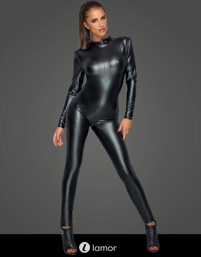 * NOIR handmade Wetlook catsuit met laag uitgesneden rugpartij van Noir Handmade MissBehaved Collection