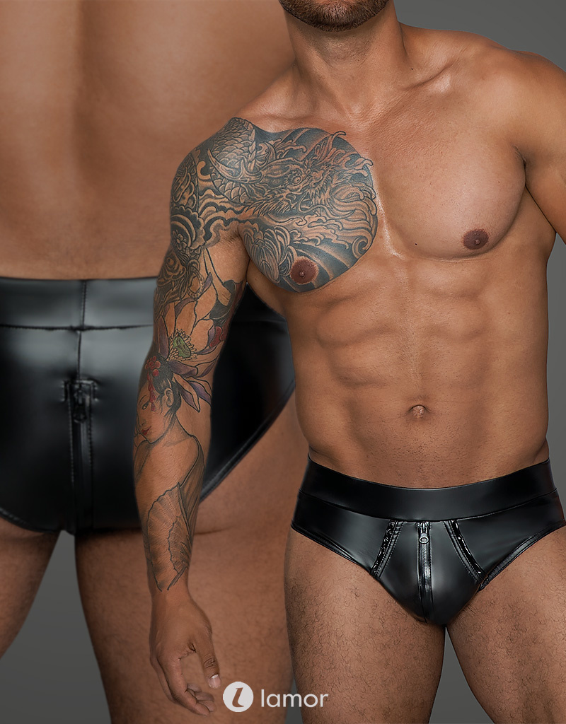 Image of * NOIR handmade Wetlook heren short met doorlopende rits