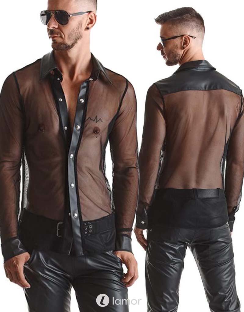 Tule heren blouse met wetlook details Tule heren blouse met wetlook details
