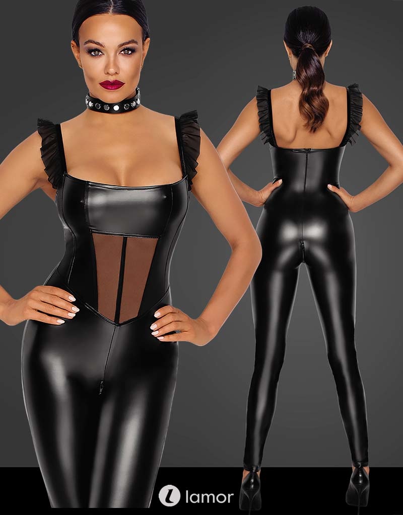 * NOIR handmade Wetlook catsuit met Tule inzet -F256 * NOIR handmade Wetlook catsuit met Tule inzet -F256