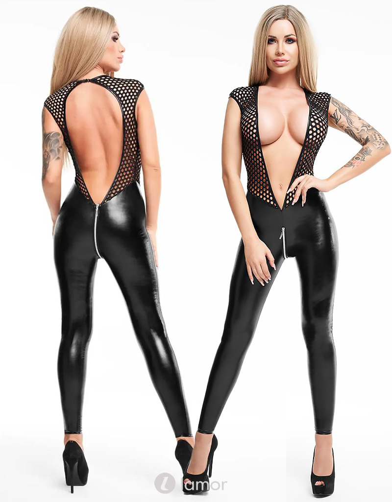 * 7-heaven Sexy zwarte wetlook catsuit met diep decollete van 7-Heaven