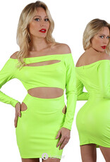 * SB Wetlook Neon geel mini jurk met carmen halslijn