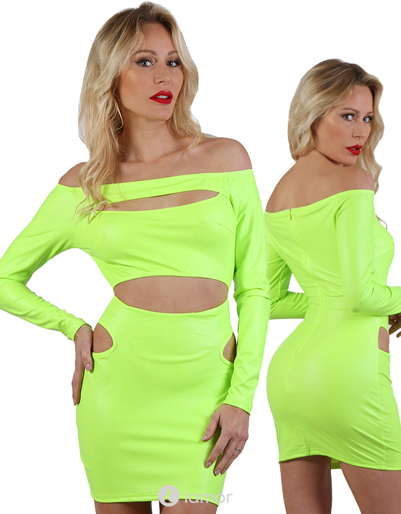 * SB Wetlook Neon geel mini jurk met carmen halslijn