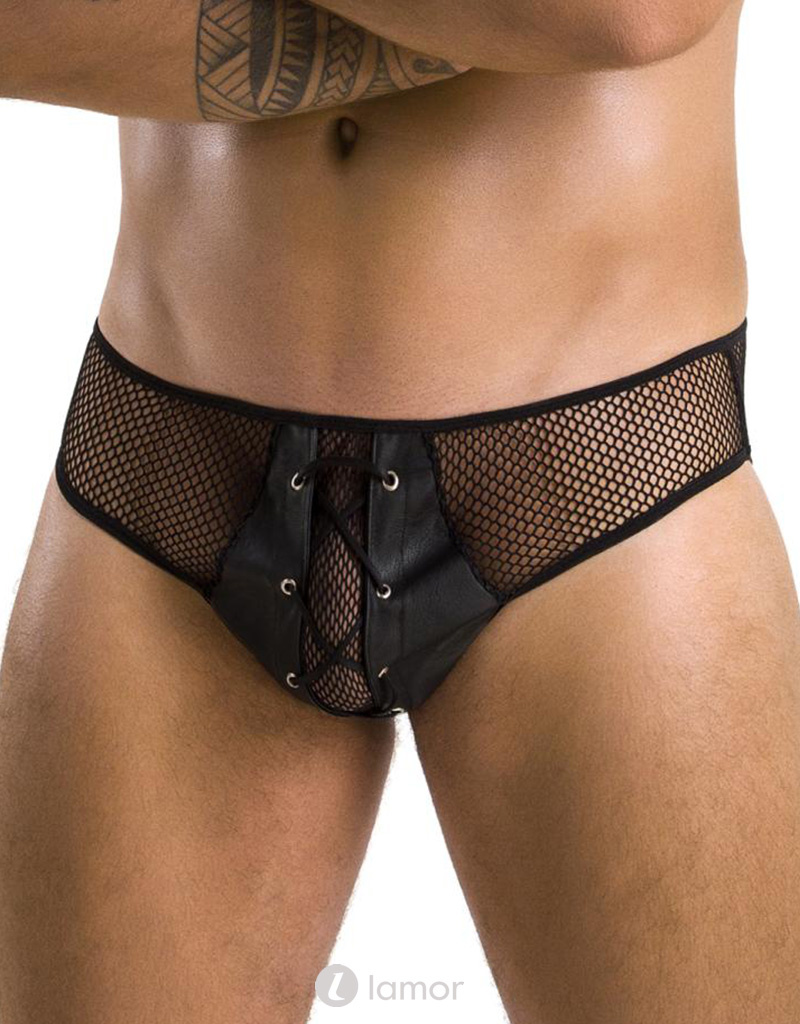 Sexy heren slip van lederlook en mesh van Passion Menswear