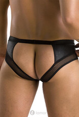 Sexy heren Jockstrap van lederlook en grof mesh en een ketting  materiaal  van Passion Menswear