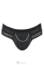 Sexy heren Jockstrap van lederlook en grof mesh en een ketting  materiaal  van Passion Menswear