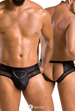 Sexy heren Jockstrap van lederlook en grof mesh en een ketting  materiaal  van Passion Menswear