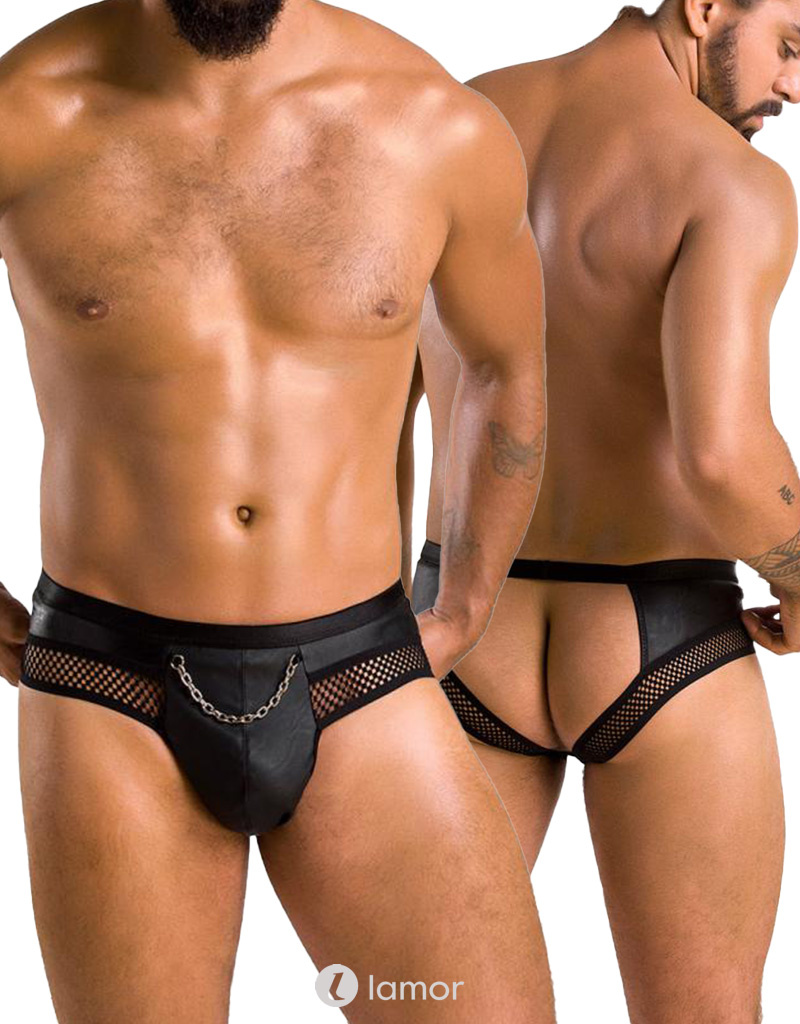 Sexy heren Jockstrap van lederlook en grof mesh en een ketting  materiaal  van Passion Menswear