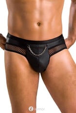 Sexy heren Jockstrap van lederlook en grof mesh en een ketting  materiaal  van Passion Menswear