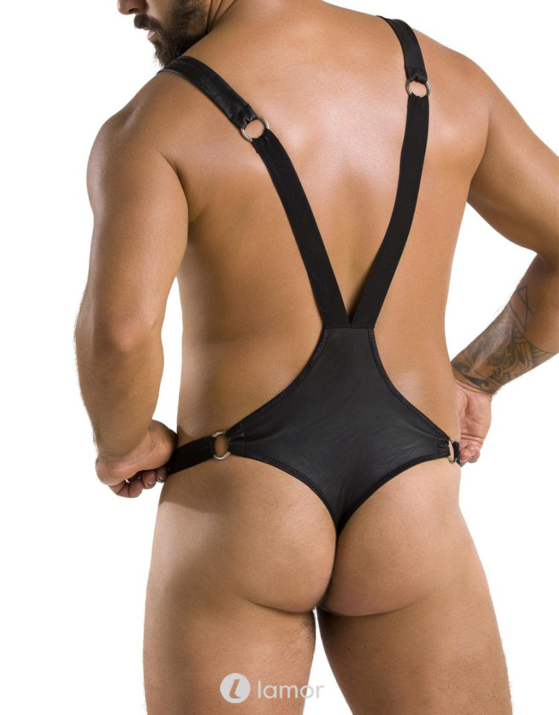 Sexy heren stringbody van lederlook materiaal  van Passion Menswear