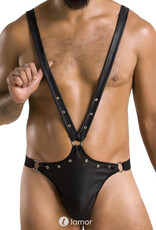 Sexy heren stringbody van lederlook materiaal  van Passion Menswear