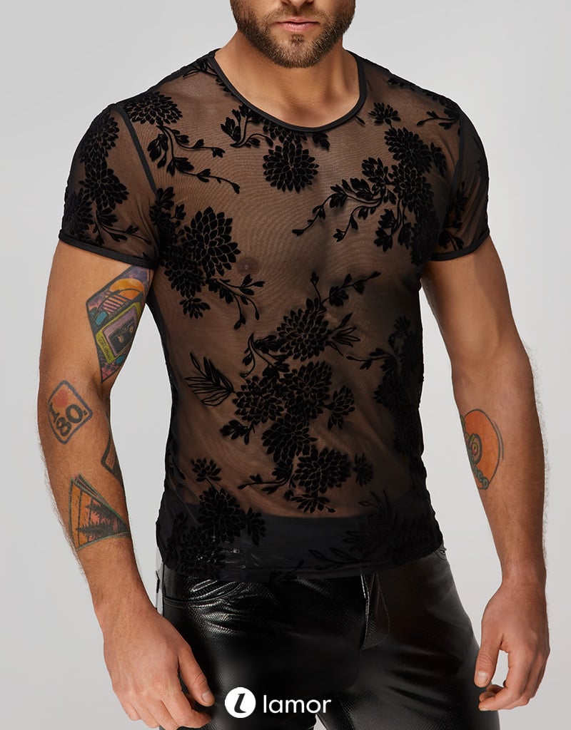 Image of * NOIR handmade Flower Flock Heren T-Shirt, H073 