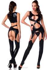 * SARESIA Sexy zwarte wetlook  verwerkte jumpsuit  met royale uitsparingen en ringen van het merk Saresia