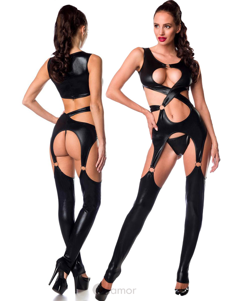 * SARESIA Sexy zwarte wetlook  verwerkte jumpsuit  met royale uitsparingen en ringen van het merk Saresia