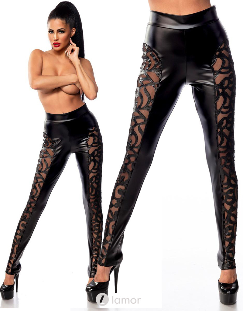 * SARESIA Wetlook legging met opgenaaid bloemmotief vanhet merk Saresia