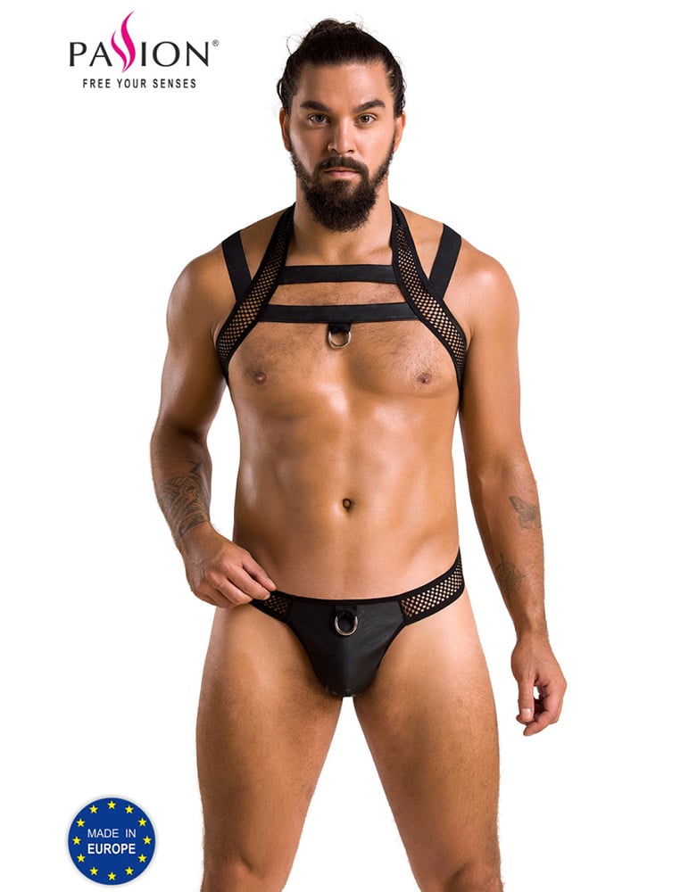 Sexy heren Jockstrap & Harnas  van lederlook en grof mesh materiaal  van Passion Menswear