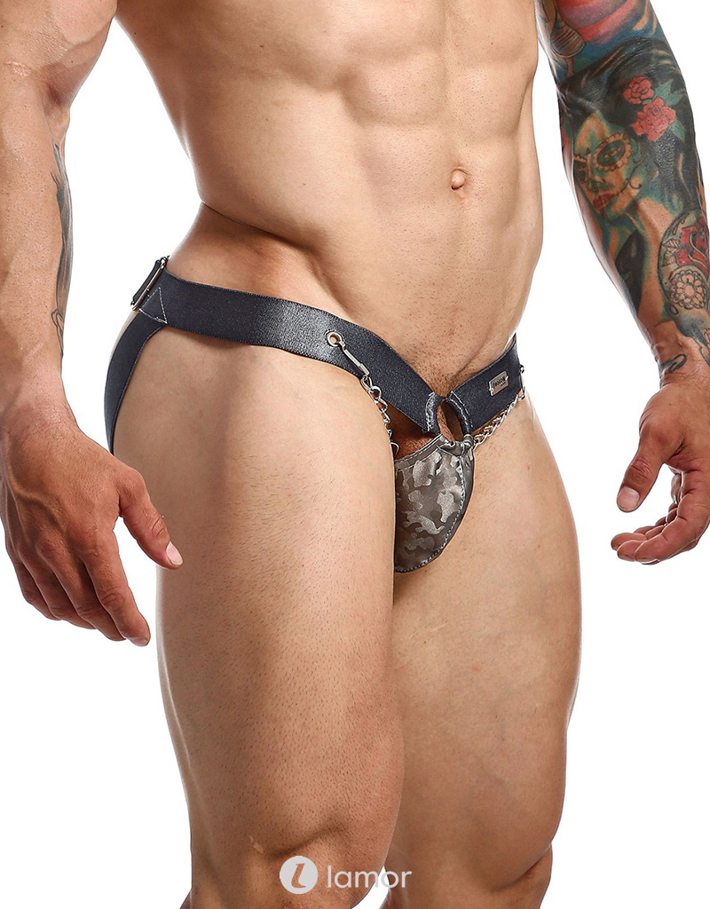 * MOB Eroticwear Sexy grijze heren Jockstrap van lederlook DNGEON Snap Jockstrap