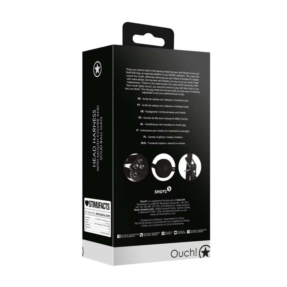Ouch! by Shots Hoofdbeugel met Mondmasker en Stevige Ballgag - Zwart