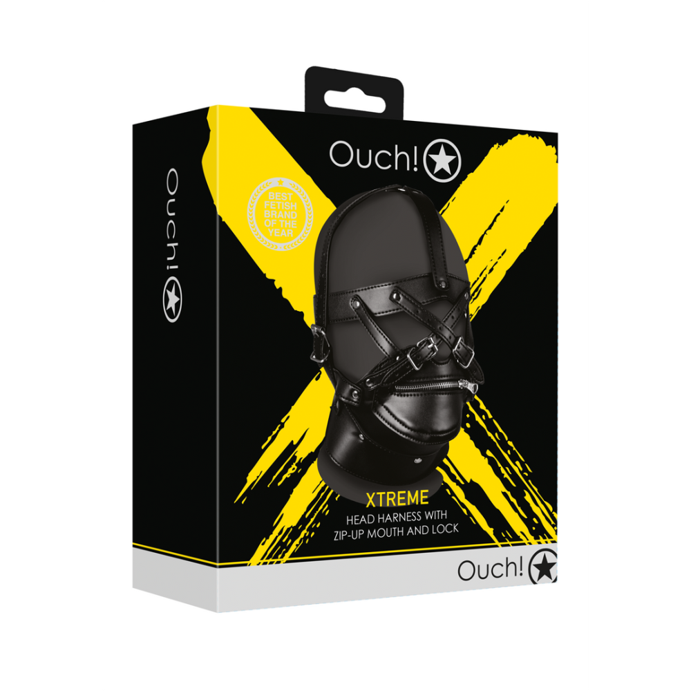 Ouch! by Shots Head Harness with Zip-up Mouth and Lock - Black