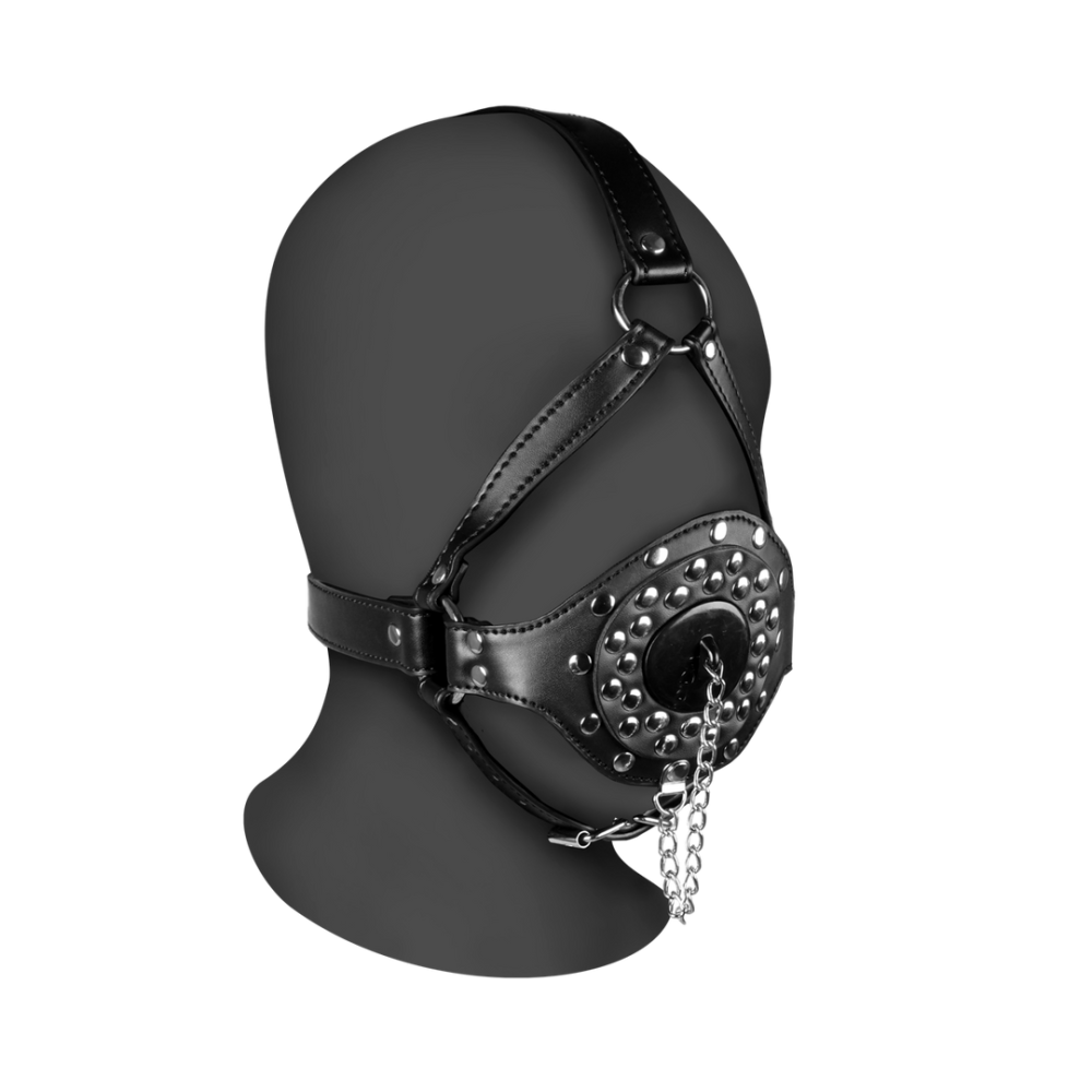 Ouch! by Shots Open Mouth Gag Hoofdharnas met Plug Stopper - Zwart