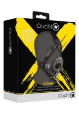 Ouch! by Shots Open Mouth Gag Hoofdharnas met Plug Stopper - Zwart