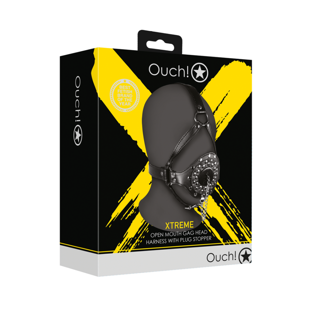 Ouch! by Shots Open Mouth Gag Hoofdharnas met Plug Stopper - Zwart