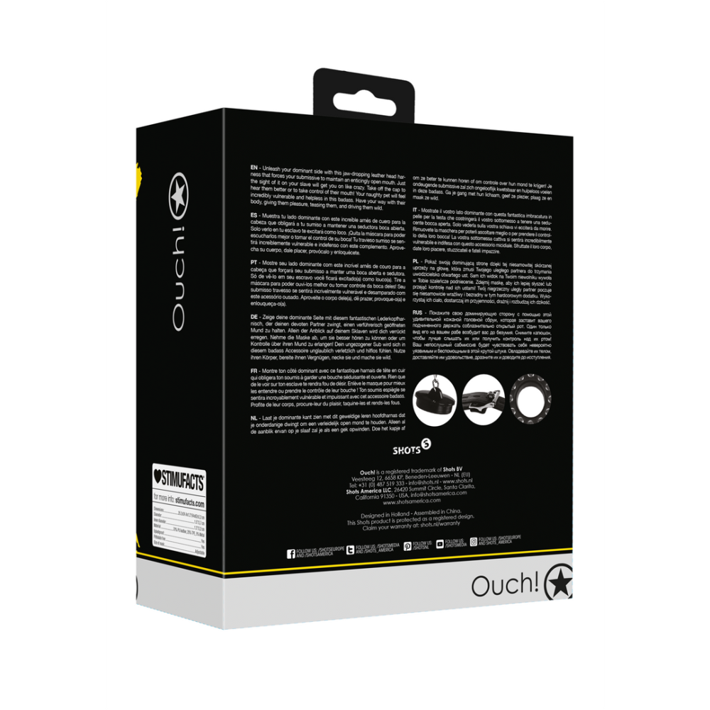 Ouch! by Shots Open Mouth Gag Hoofdharnas met Plug Stopper - Zwart