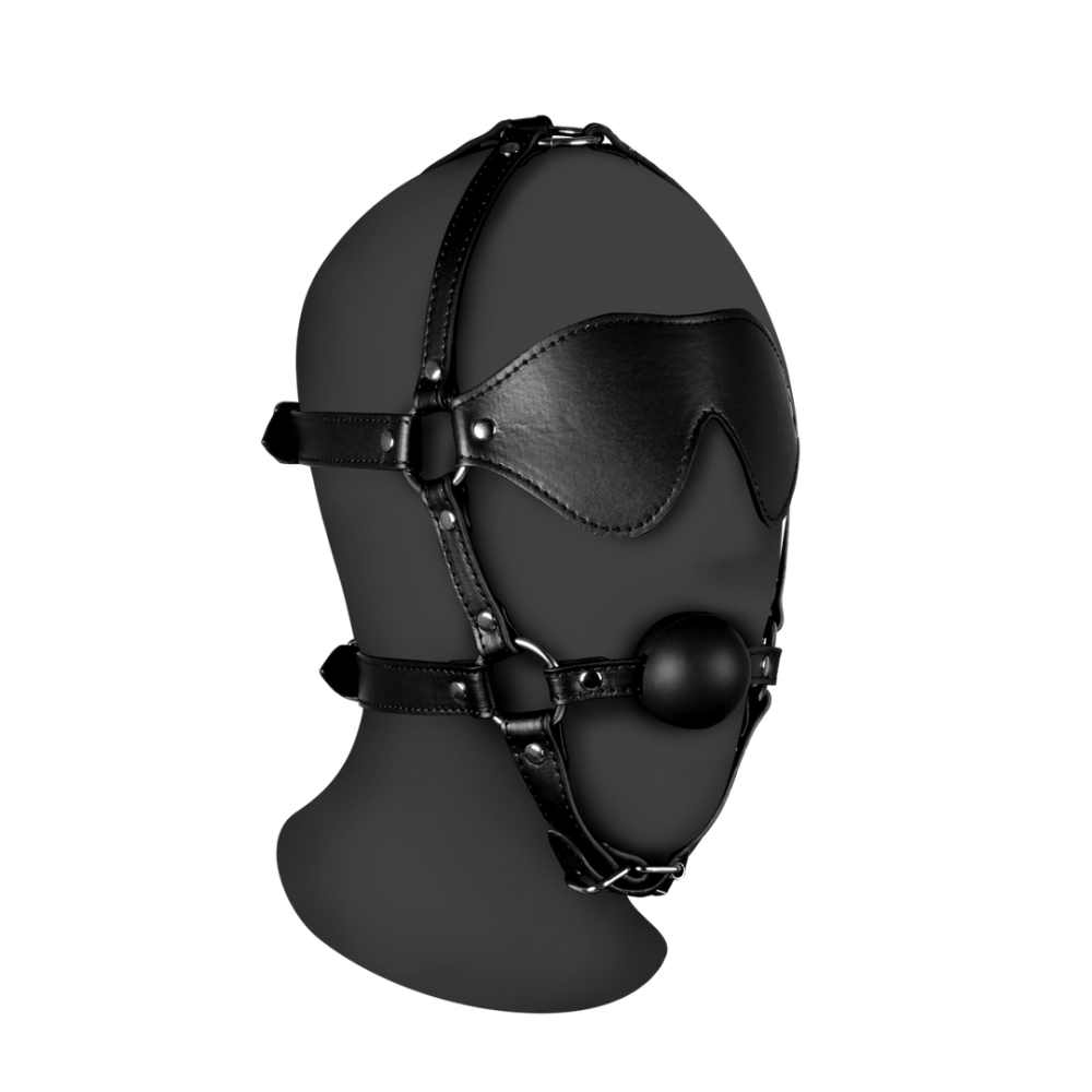 Image of Ouch! by Shots Blindfolded Head Harness with Solid Ball Gag - Black