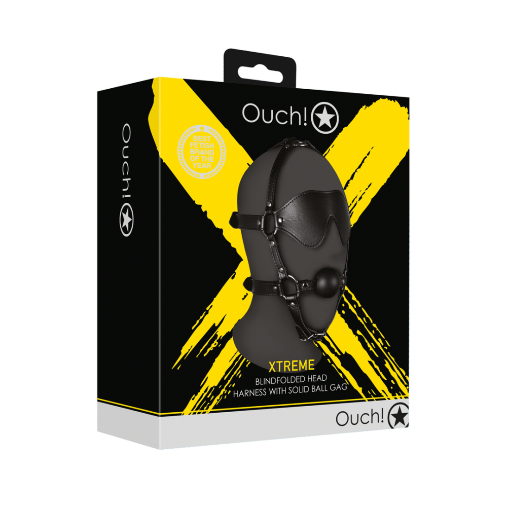 Ouch! by Shots Blindfolded Head Harness with Solid Ball Gag - Black