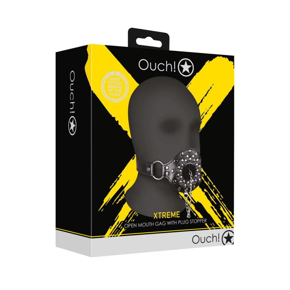 Ouch! by Shots Open Mouth Gag with Plug Stopper - Black