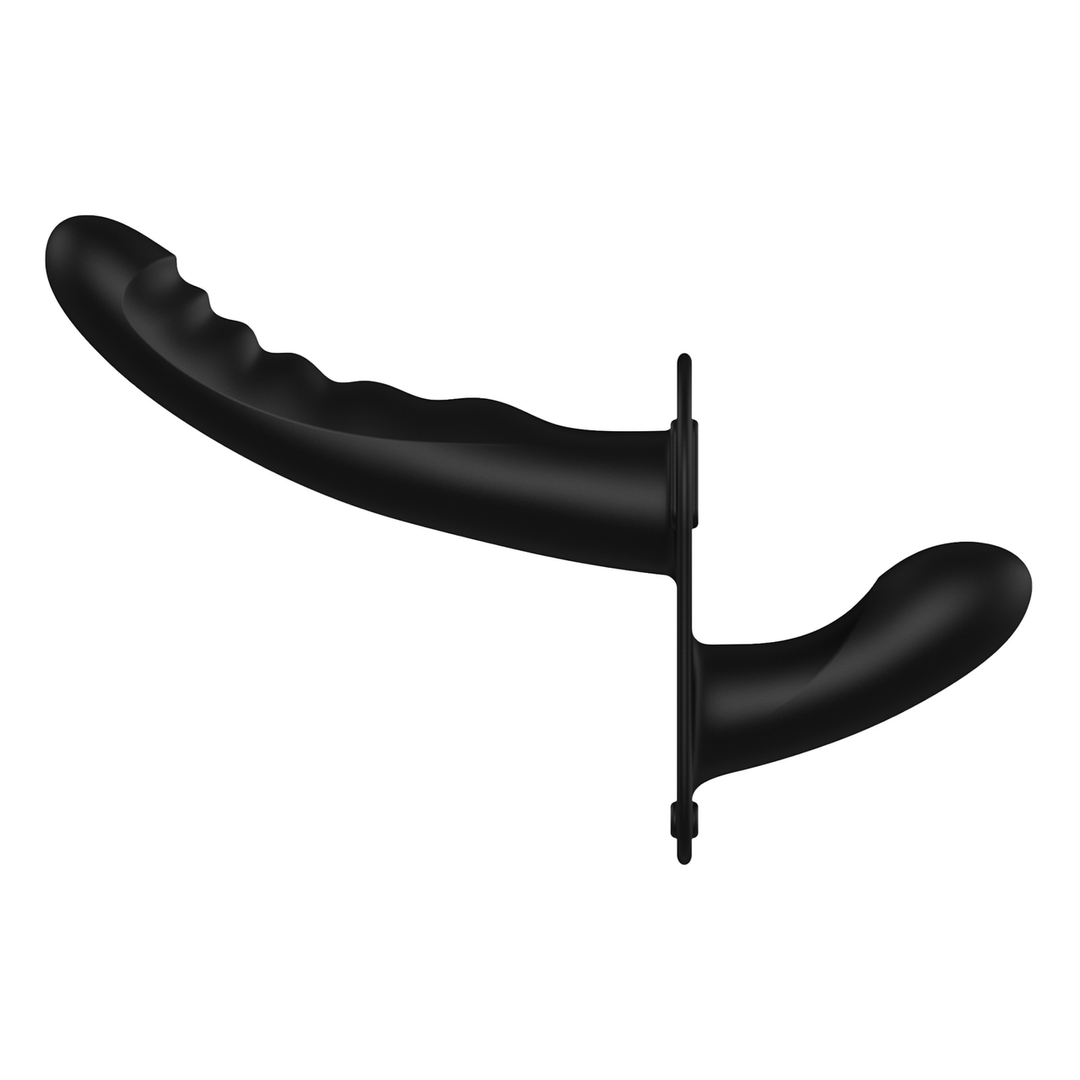 Ouch! by Shots Vibrating and Rechargeable - 10 Speed Silicone Ribbed Strap-On - Adjustable - Black