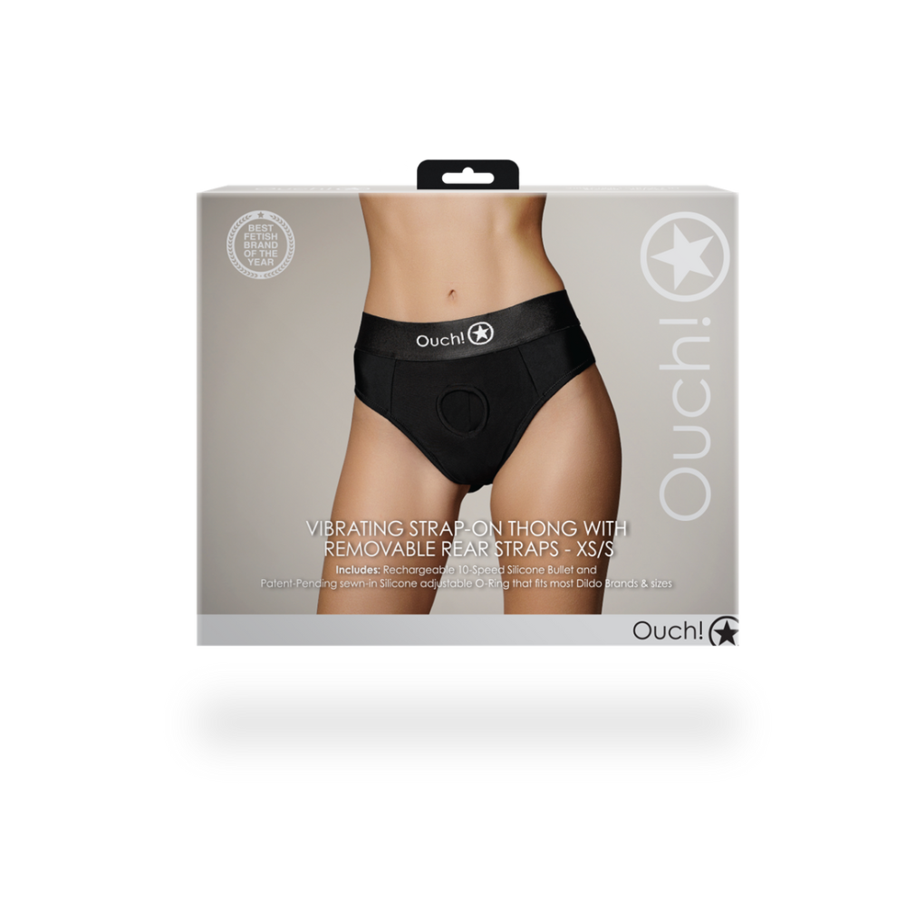 Ouch! by Shots Vibrating Strap-on Thong with Removable Butt Straps - XS/S - Black