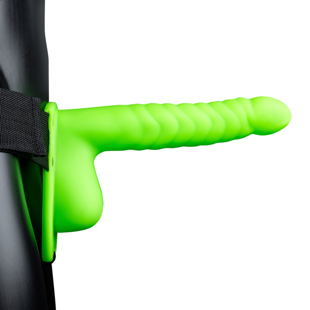 Ouch! by Shots Glow in the Dark Ribbed Hollow Strap-On with Balls - 8 / 21 cm