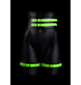 Ouch! by Shots Thigh Cuffs with Belt and Handcuffs - Glow in the Dark - S/M