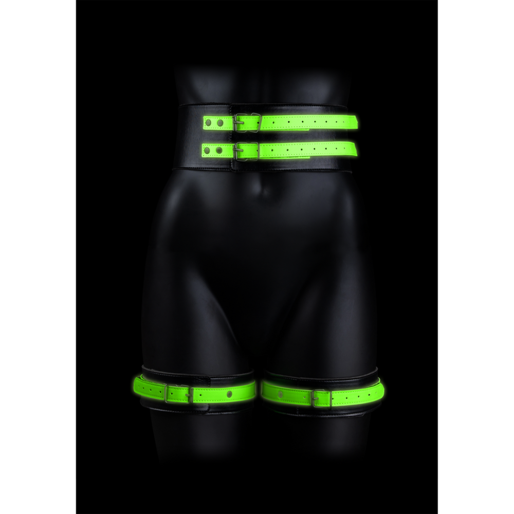 Image of Ouch! by Shots Thigh Cuffs with Belt and Handcuffs - Glow in the Dark - S/M