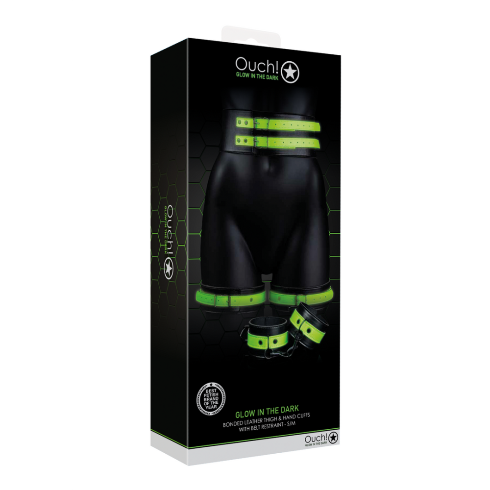 Ouch! by Shots Thigh Cuffs with Belt and Handcuffs - Glow in the Dark - S/M