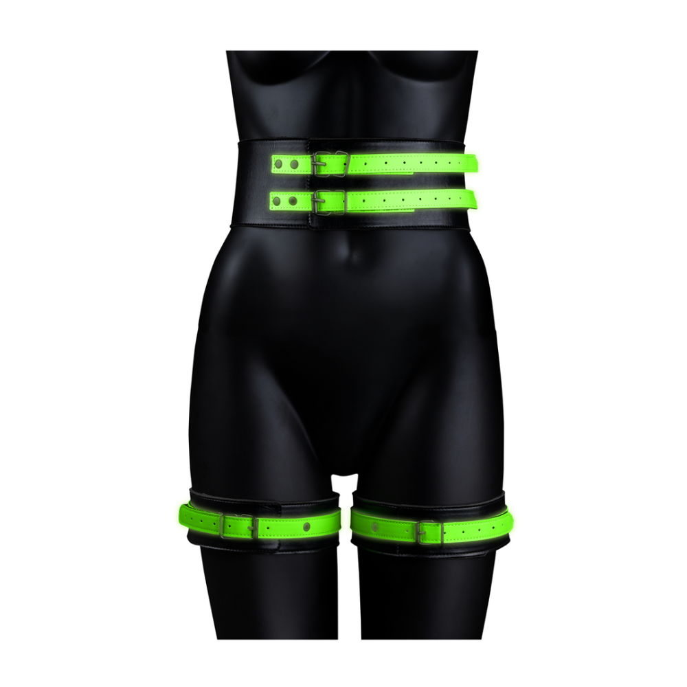 Ouch! by Shots Thigh Cuffs with Belt and Handcuffs - Glow in the Dark - S/M