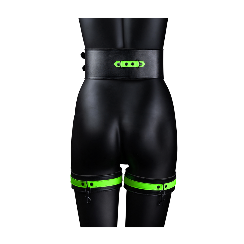 Ouch! by Shots Thigh Cuffs with Belt and Handcuffs - Glow in the Dark - S/M